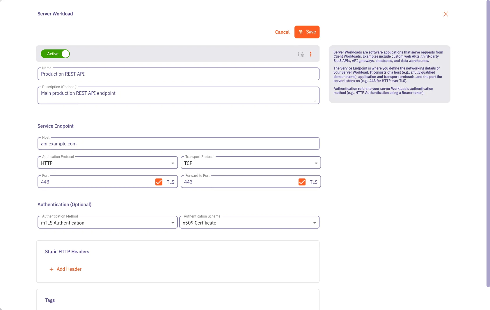 Server Workload edit panel with Authentication Method set to mTLS Authentication and Scheme set to x509 Certificate