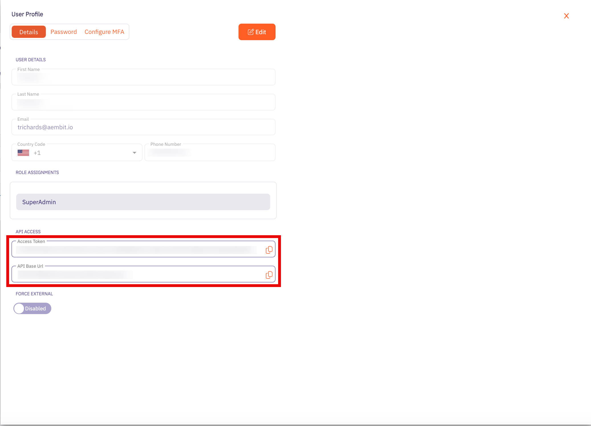 User Profile Dialog Window - API Access