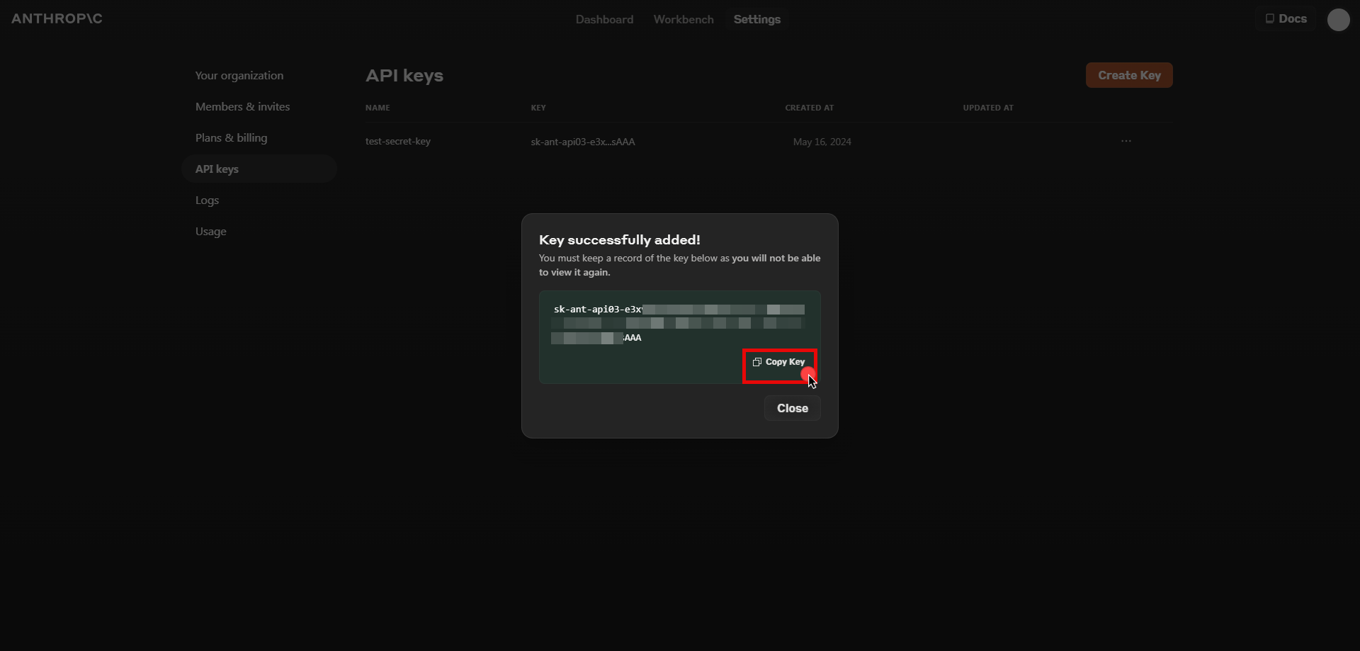 Copy API key