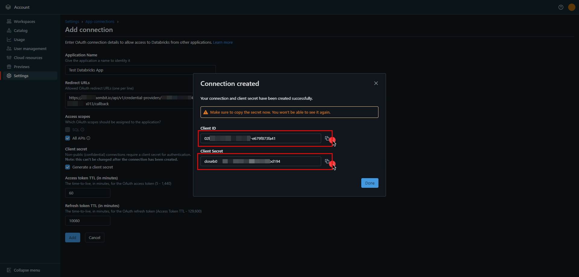 Databricks App Client Id and Client Secret