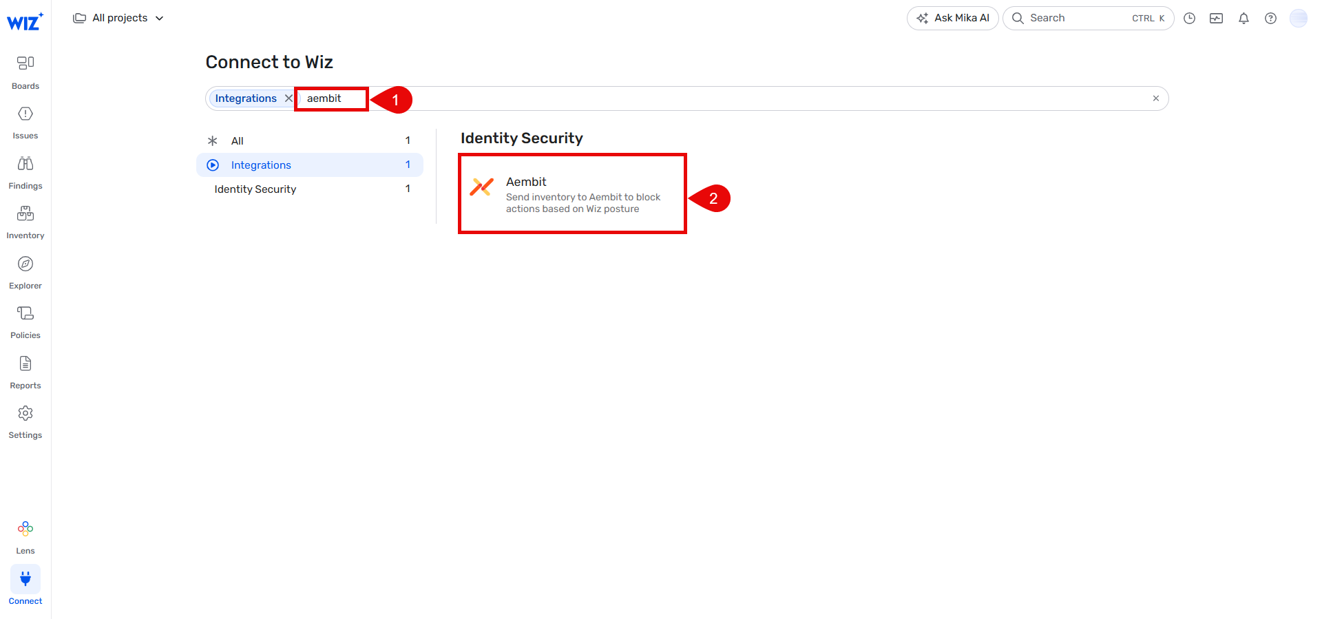 Wiz - Searching for Aembit Integration