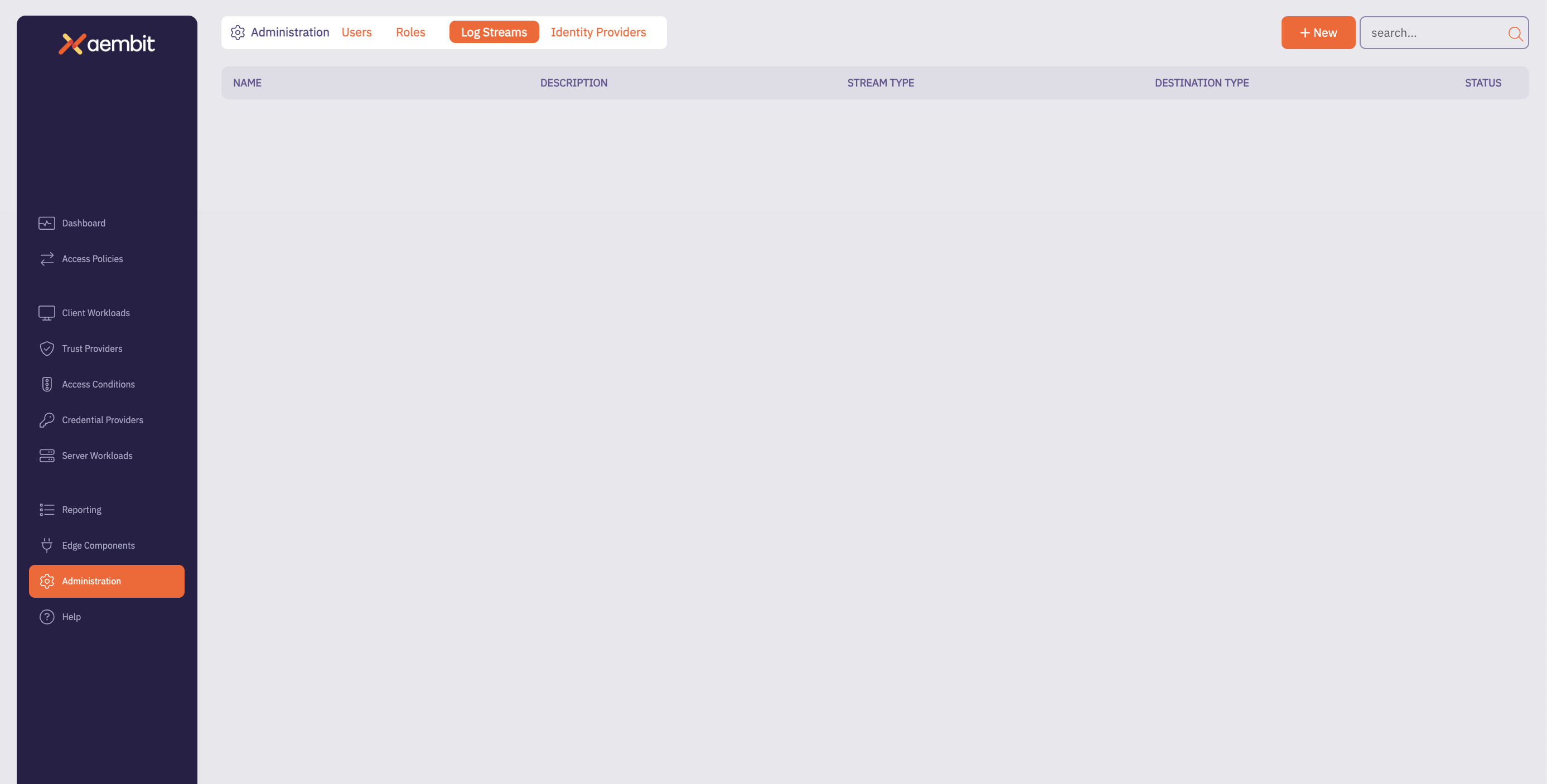 Log Streams Main Page - Empty