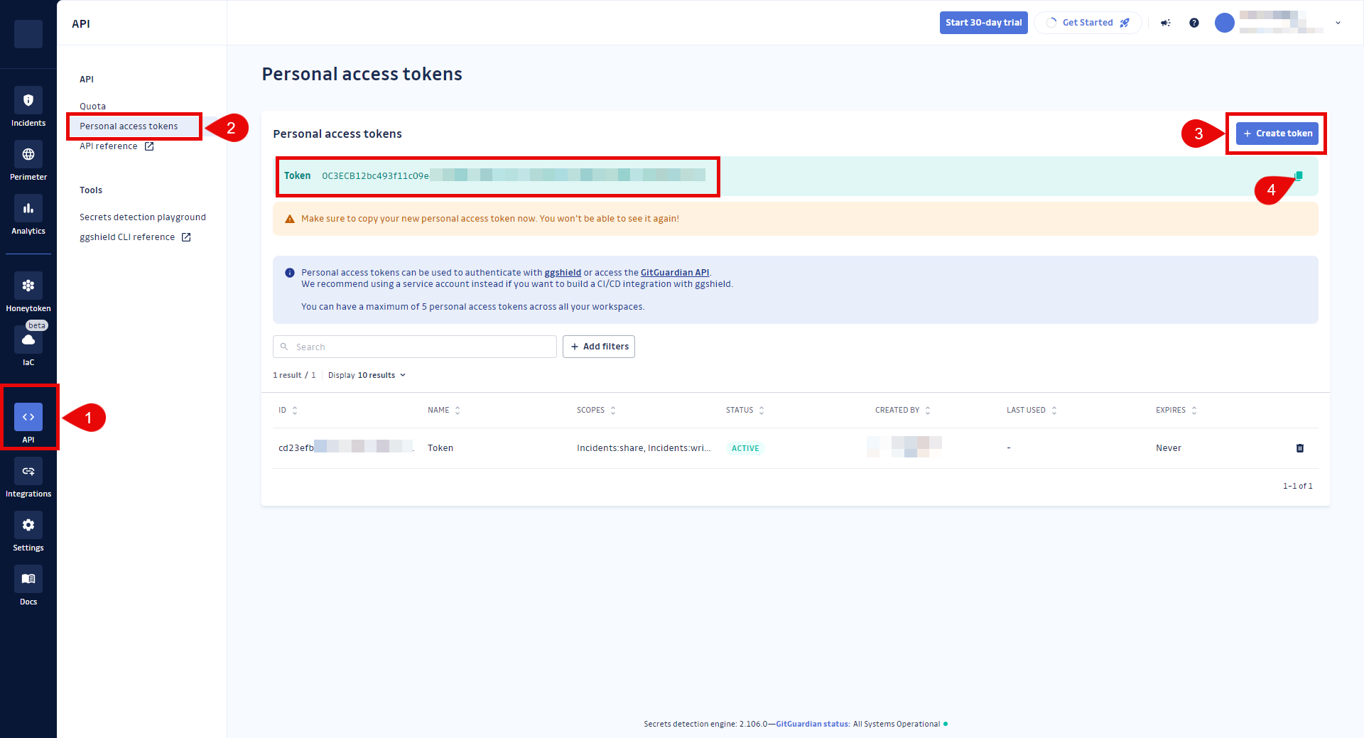 Create GitGuardian API Personal Access token