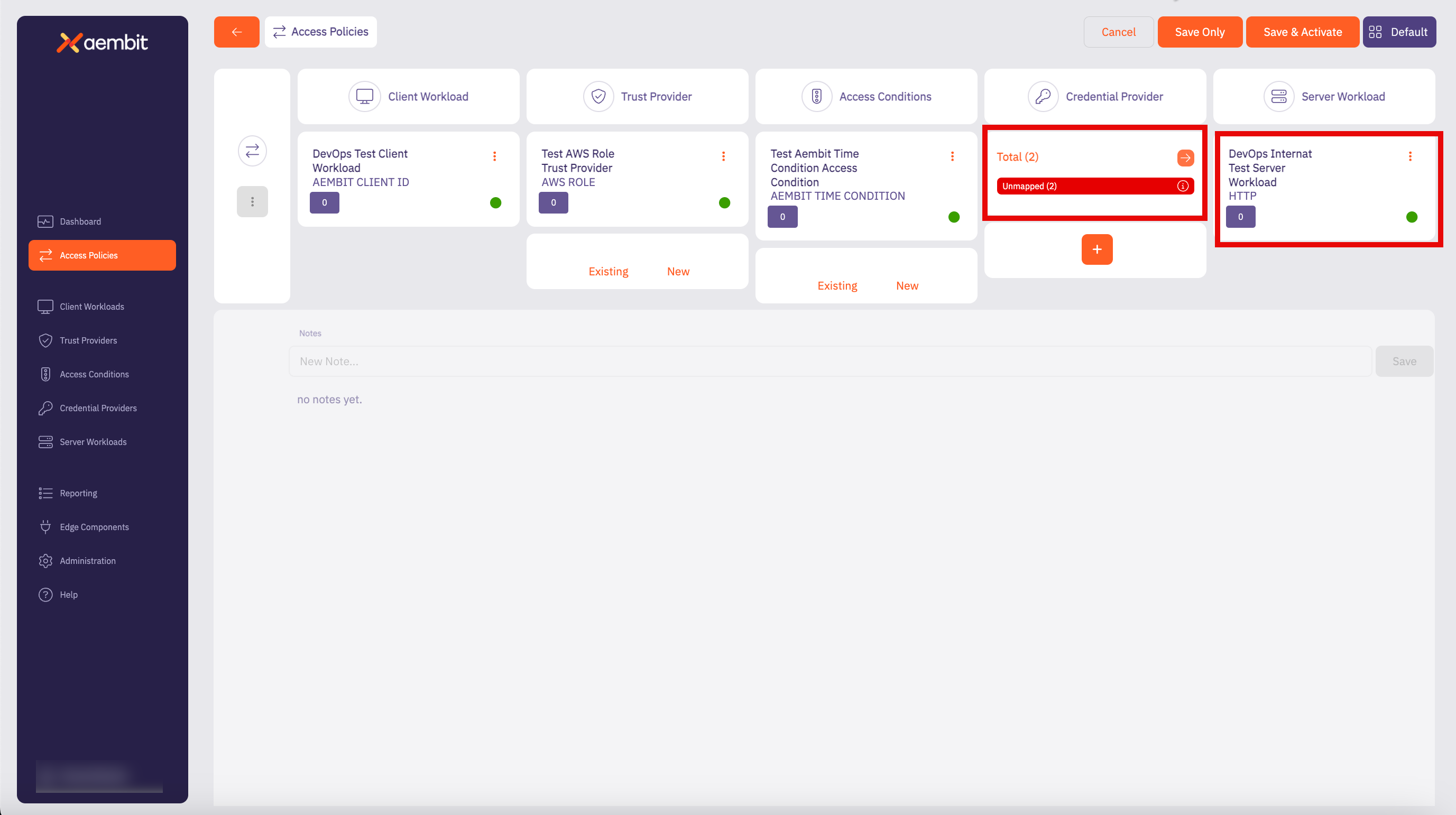 Access Policy Main Page With HTTP Server Workload and Unmapped Credential Providers