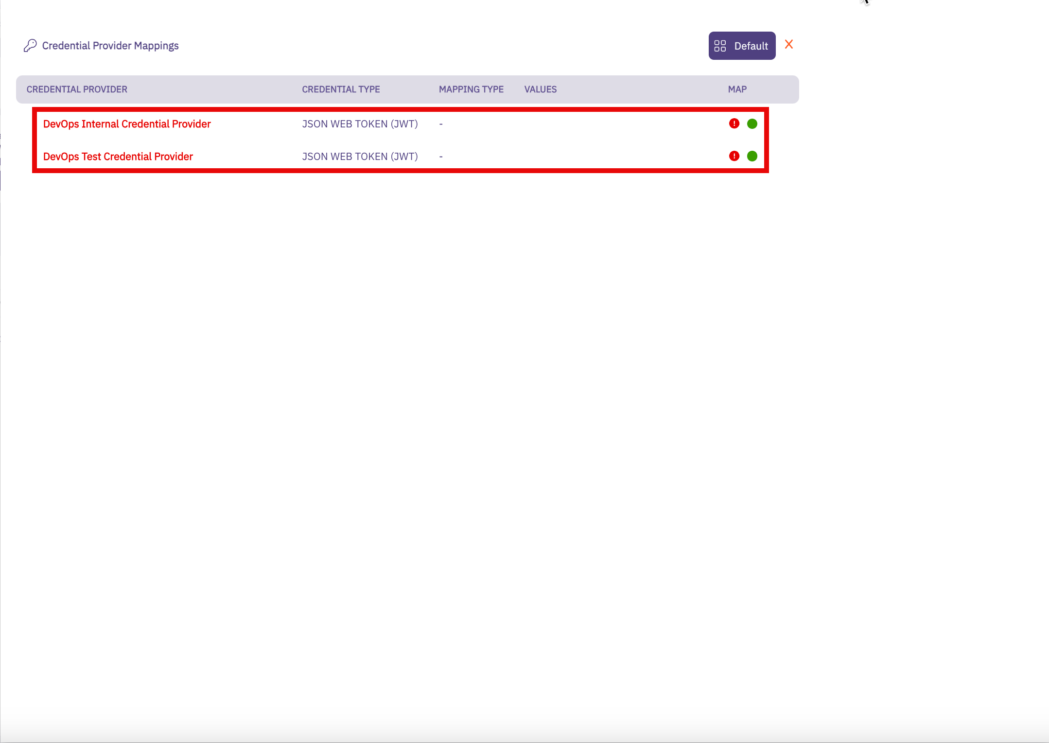 Credential Mapping Page With Credential Providers Unmapped