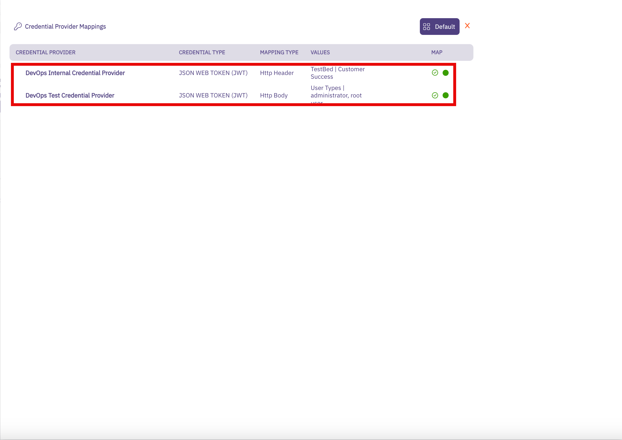 Credential Provider Mappings Page With Mapped HTTP Values