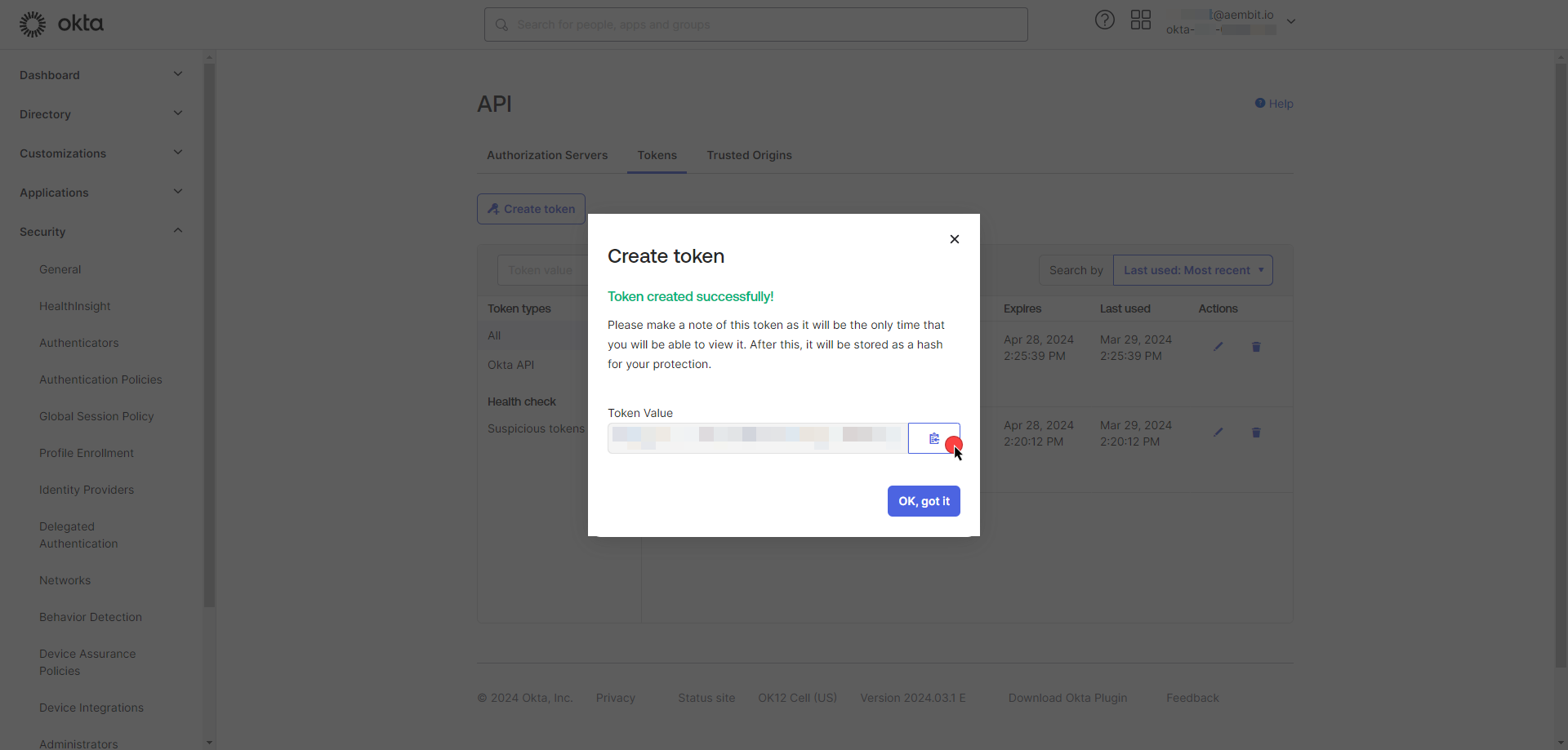 Copy API Token