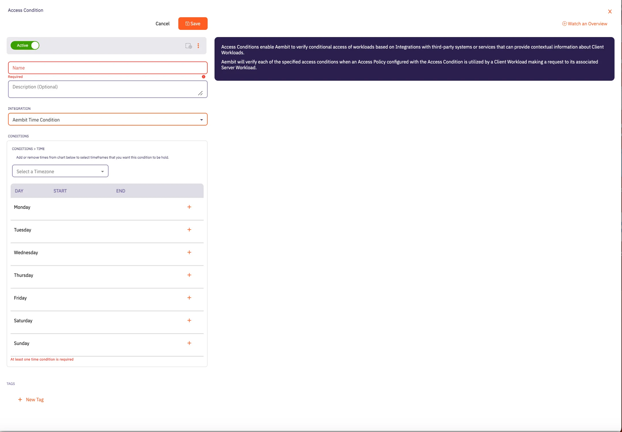 Access Condition Dialog Window - Time Condition Selected