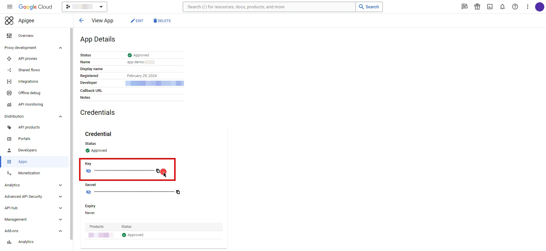 Copy Apigee API Key