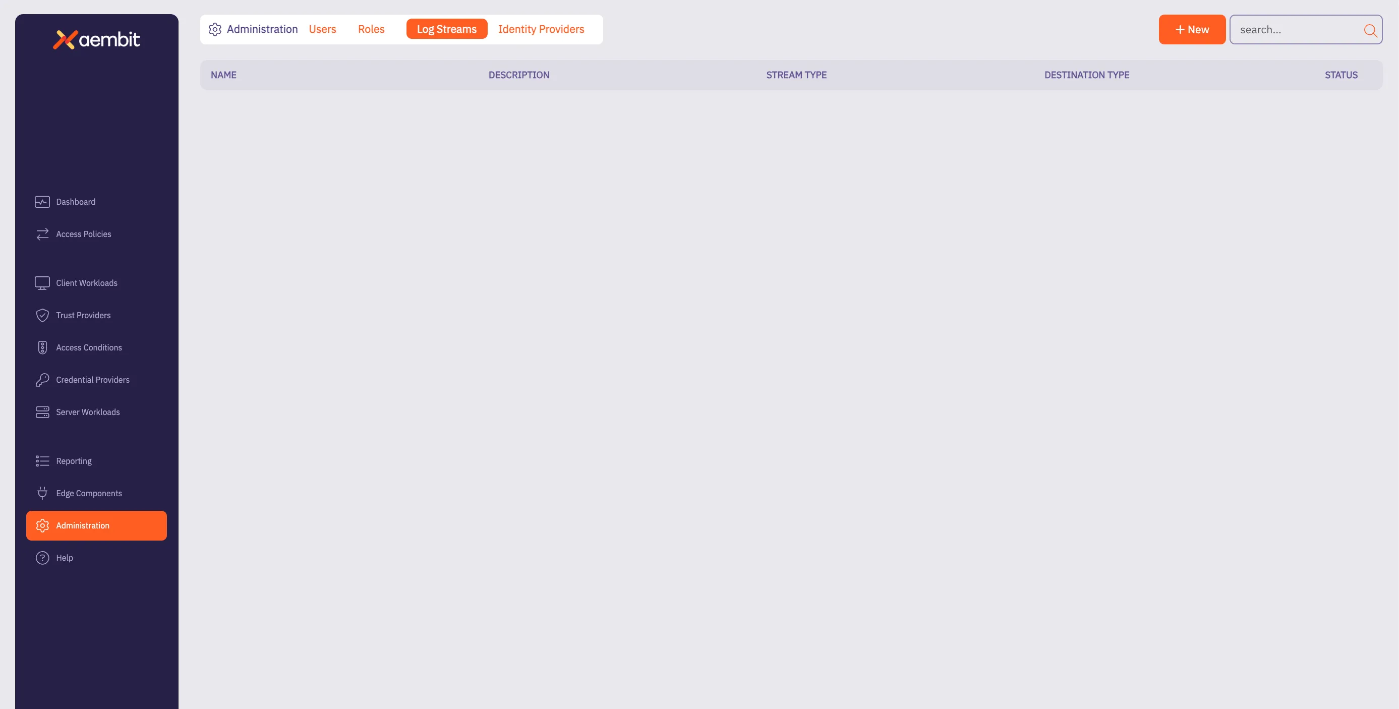 Log Streams Main Page - Empty