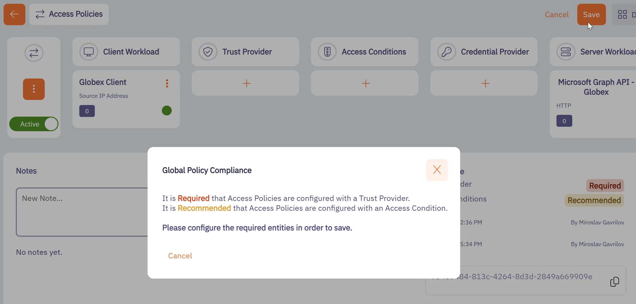 Access Policy edit screen with restriction to save