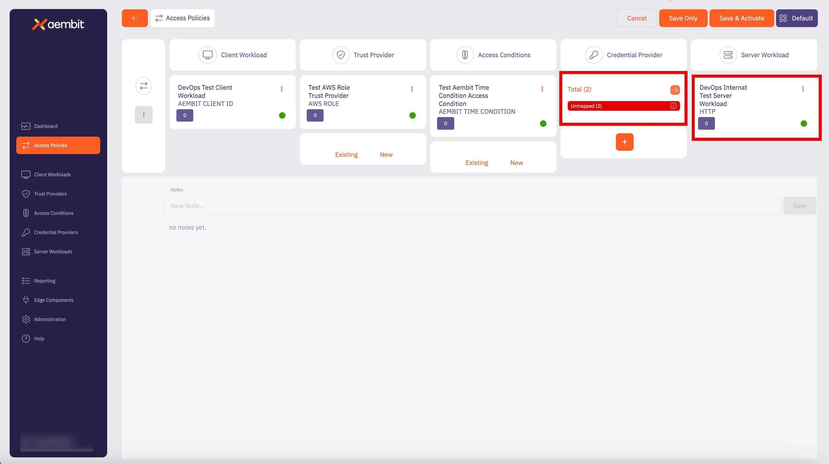 Access Policy Main Page With HTTP Server Workload and Unmapped Credential Providers