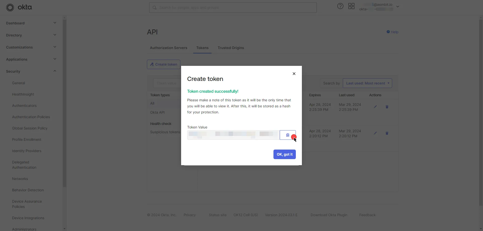 Copy API Token
